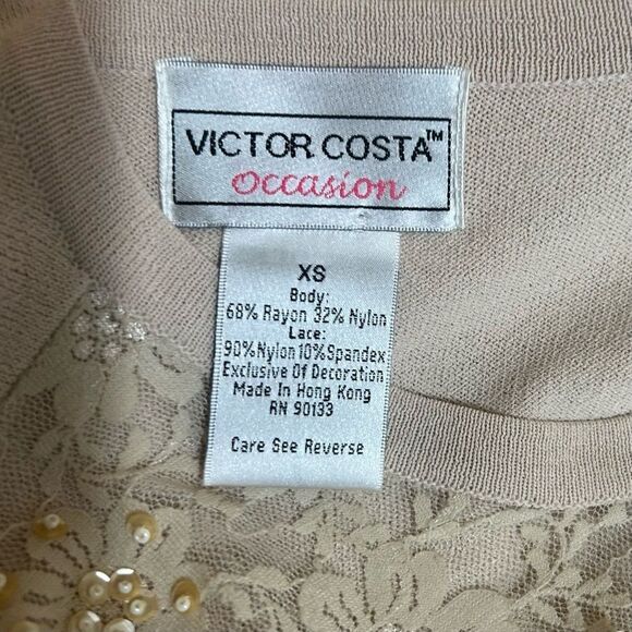 Vintage Y2K Victor Costa Twinset XS Beige Sheer Lace Beaded Cardigan & Tank - Picture 9 of 9